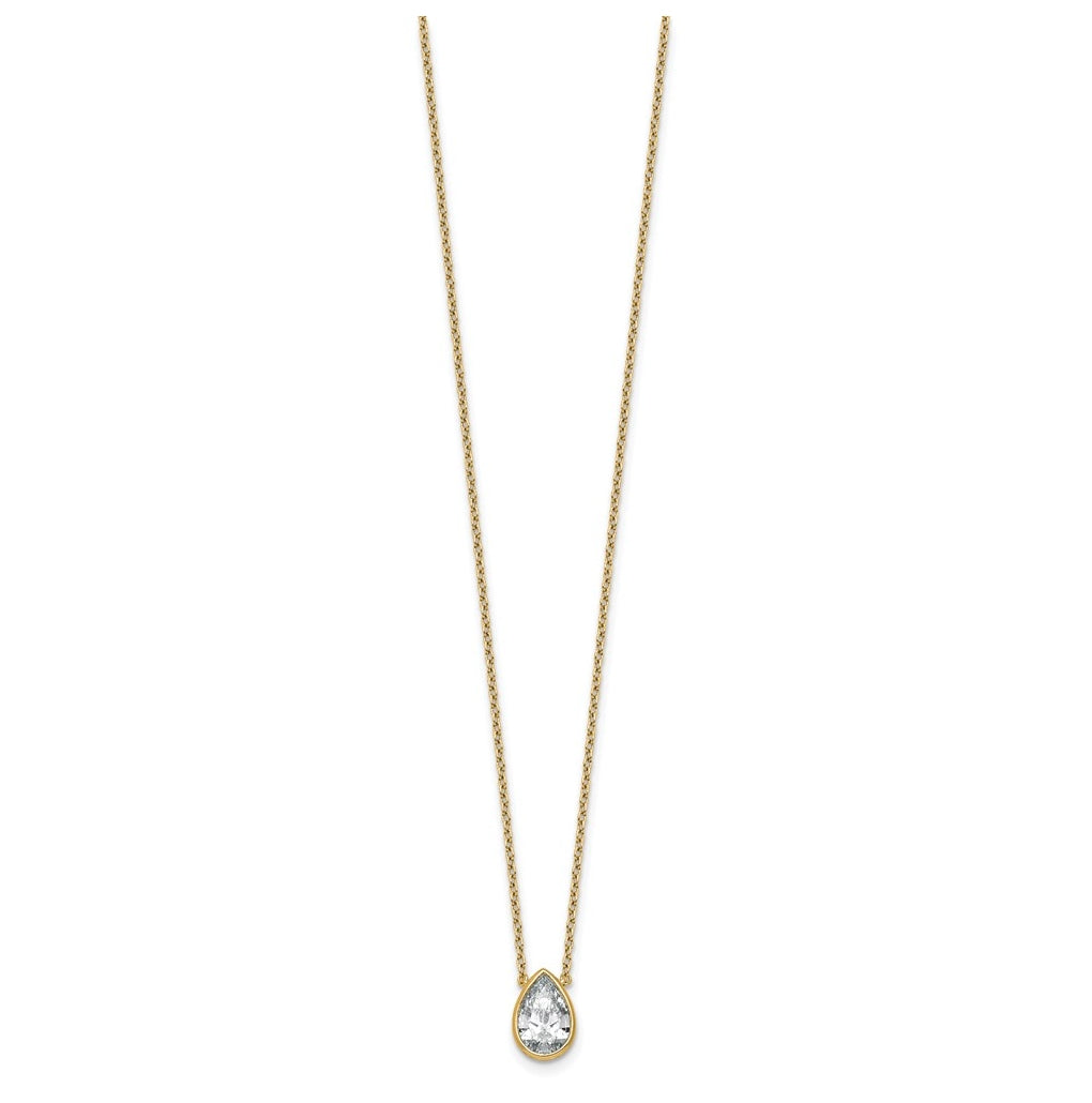 14k Yellow Gold 1 1/2 carat Certified Lab Grown Diamond VS+ F+ Pear Complete 18 inch Bezel Set Solitaire Necklace