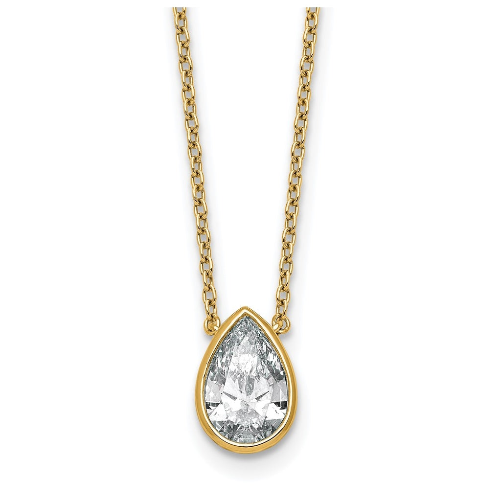 14k Yellow Gold 1 1/2 carat Certified Lab Grown Diamond VS+ F+ Pear Complete 18 inch Bezel Set Solitaire Necklace