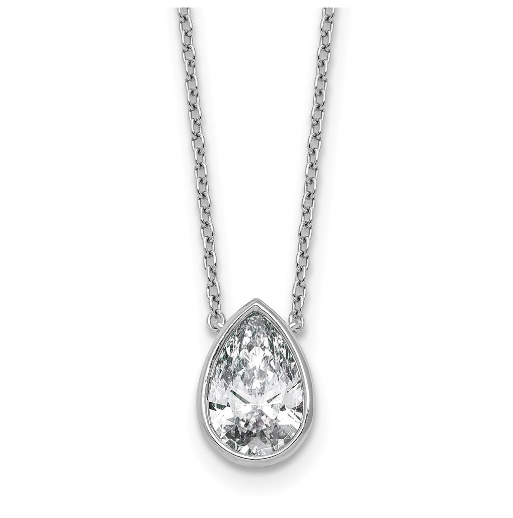 14k White Gold 2 carat Certified Lab Grown Diamond VS+ F+ Pear Complete 18 inch Bezel Set Solitaire Necklace