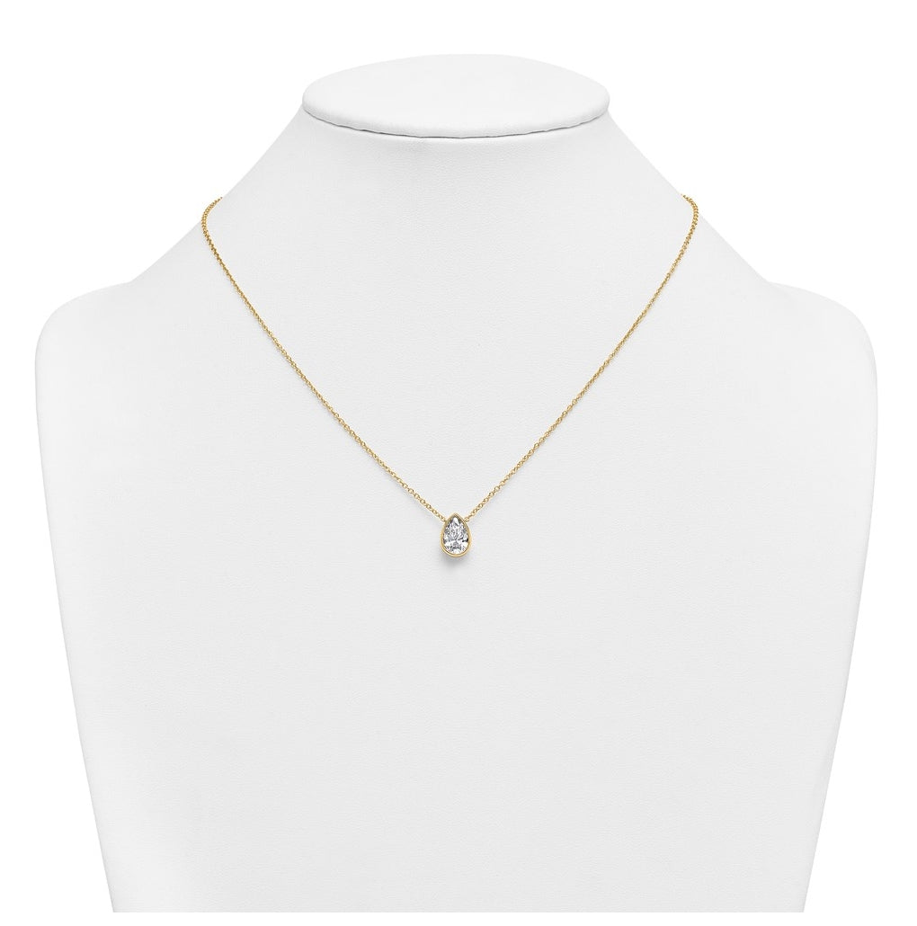 14k Yellow Gold 2 carat Certified Lab Grown Diamond VS+ F+ Pear Complete 18 inch Bezel Set Solitaire Necklace