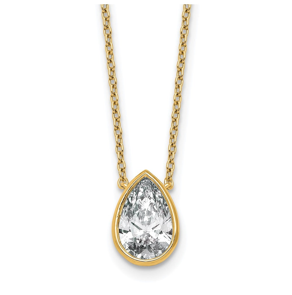 14k Yellow Gold 2 carat Certified Lab Grown Diamond VS+ F+ Pear Complete 18 inch Bezel Set Solitaire Necklace