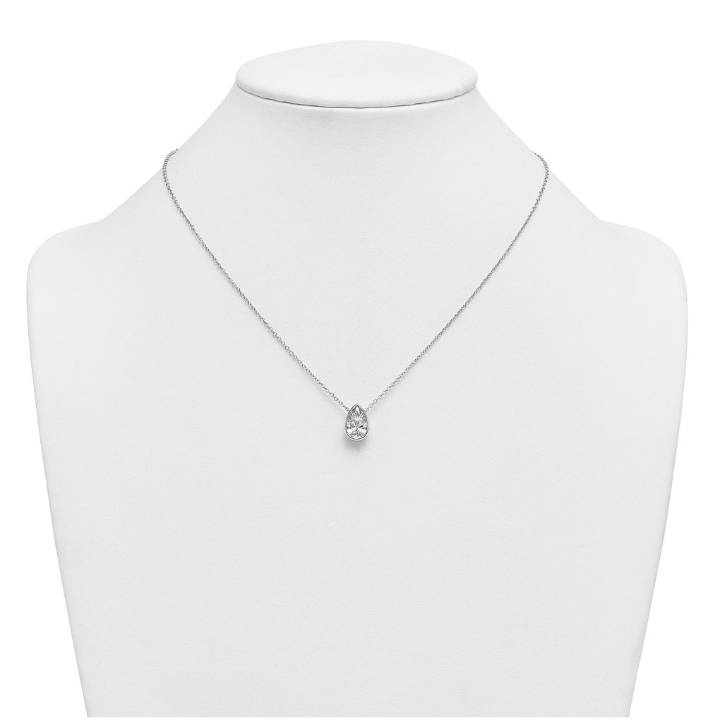 14k White Gold 2 1/2 carat Certified Lab Grown Diamond VS+ F+ Pear Complete 18 inch Bezel Set Solitaire Necklace