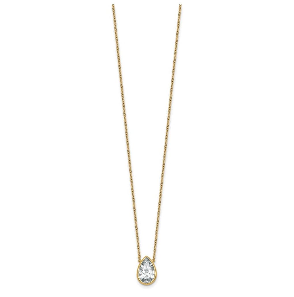 14k Yellow Gold 2 1/2 carat Certified Lab Grown Diamond VS+ F+ Pear Complete 18 inch Bezel Set Solitaire Necklace