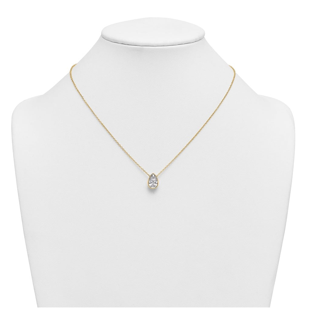 14k Yellow Gold 2 1/2 carat Certified Lab Grown Diamond VS+ F+ Pear Complete 18 inch Bezel Set Solitaire Necklace