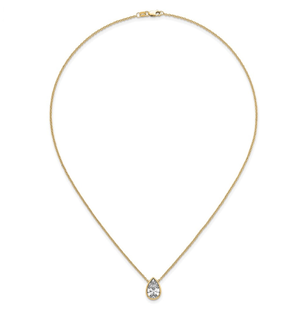 14k Yellow Gold 2 1/2 carat Certified Lab Grown Diamond VS+ F+ Pear Complete 18 inch Bezel Set Solitaire Necklace