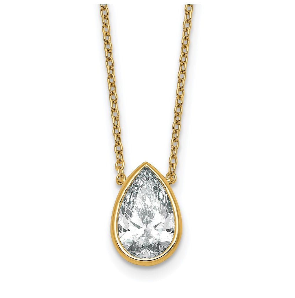 14k Yellow Gold 2 1/2 carat Certified Lab Grown Diamond VS+ F+ Pear Complete 18 inch Bezel Set Solitaire Necklace