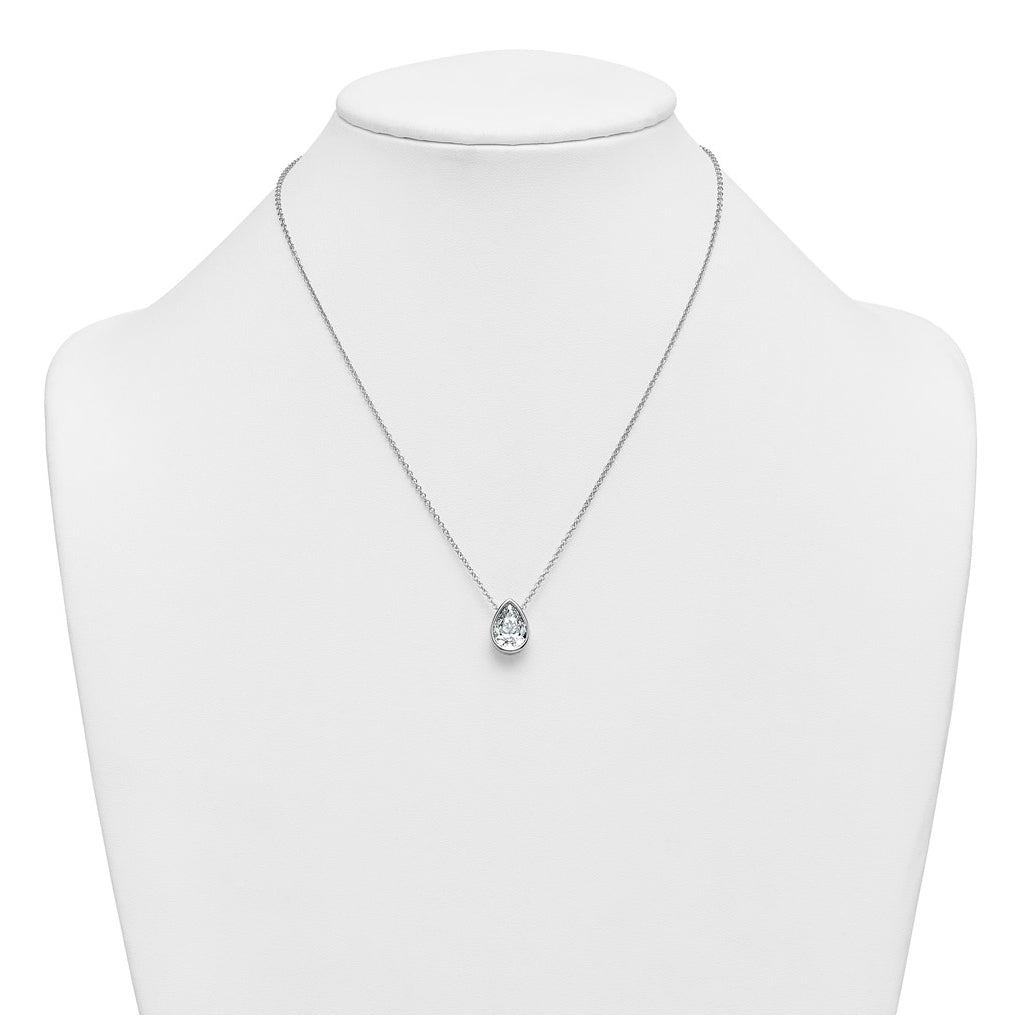 14k White Gold 3 carat Certified Lab Grown Diamond VS+ F+ Pear Complete 18 inch Bezel Set Solitaire Necklace