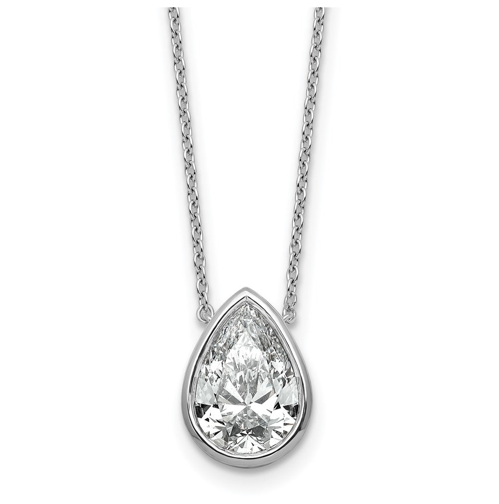 14k White Gold 3 carat Certified Lab Grown Diamond VS+ F+ Pear Complete 18 inch Bezel Set Solitaire Necklace
