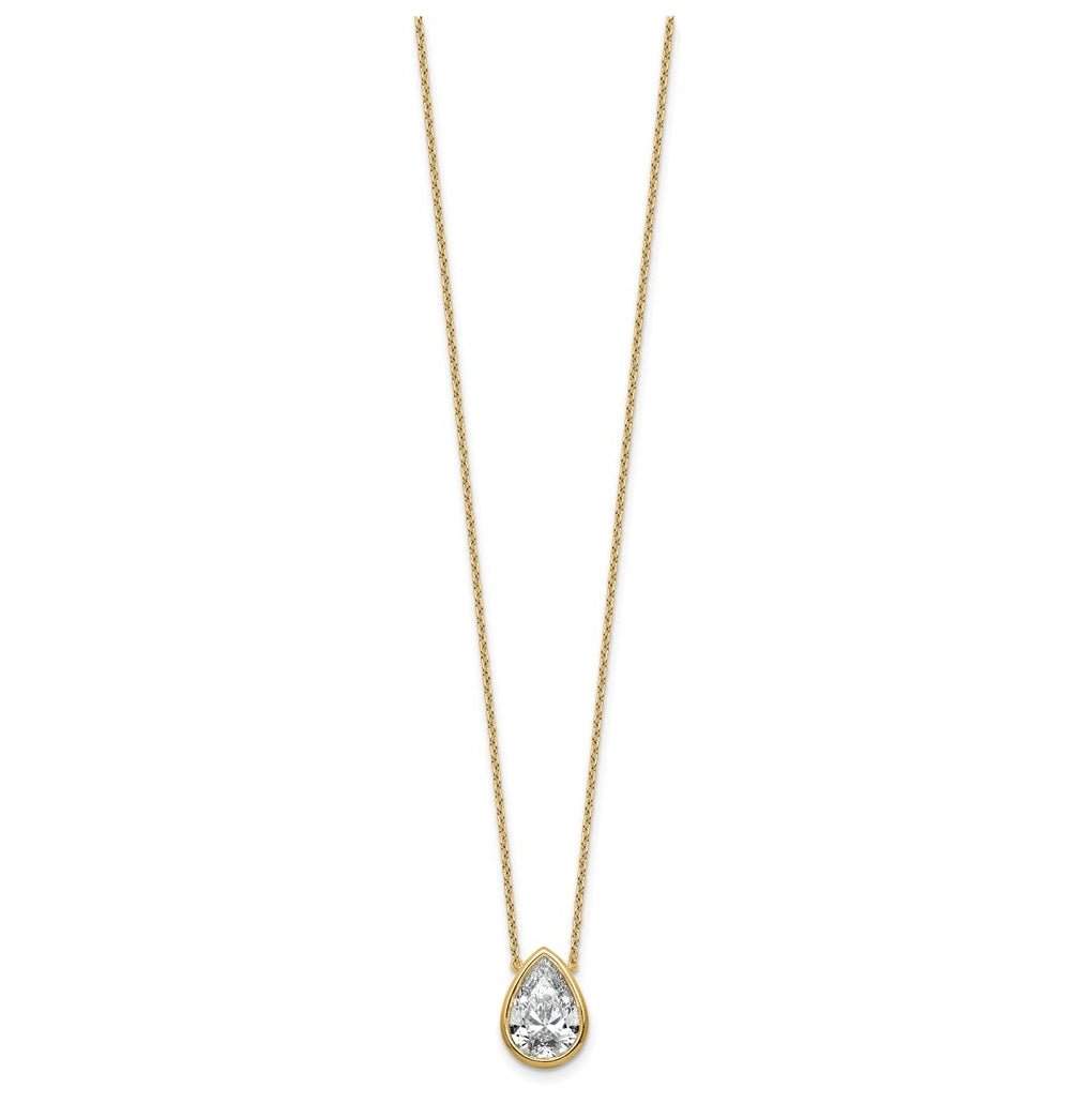 14k Yellow Gold 3 carat Certified Lab Grown Diamond VS+ F+ Pear Complete 18 inch Bezel Set Solitaire Necklace