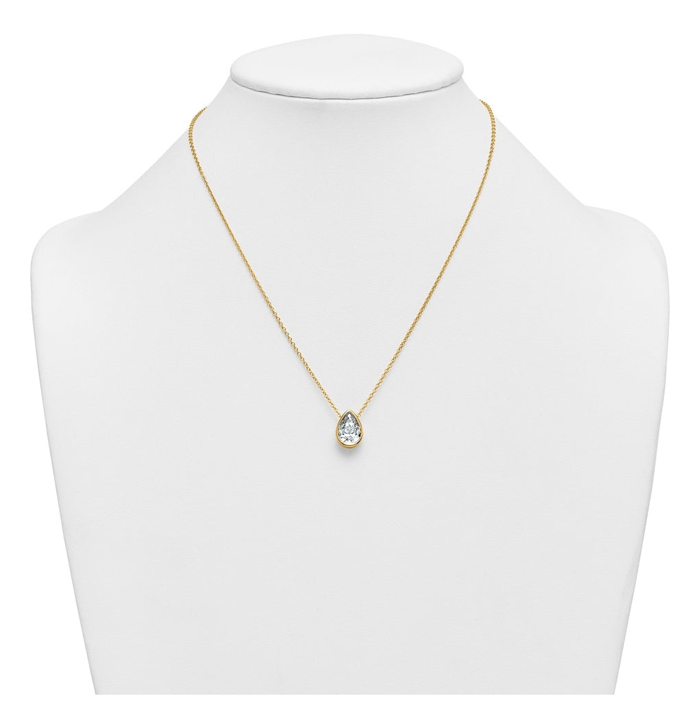 14k Yellow Gold 3 carat Certified Lab Grown Diamond VS+ F+ Pear Complete 18 inch Bezel Set Solitaire Necklace