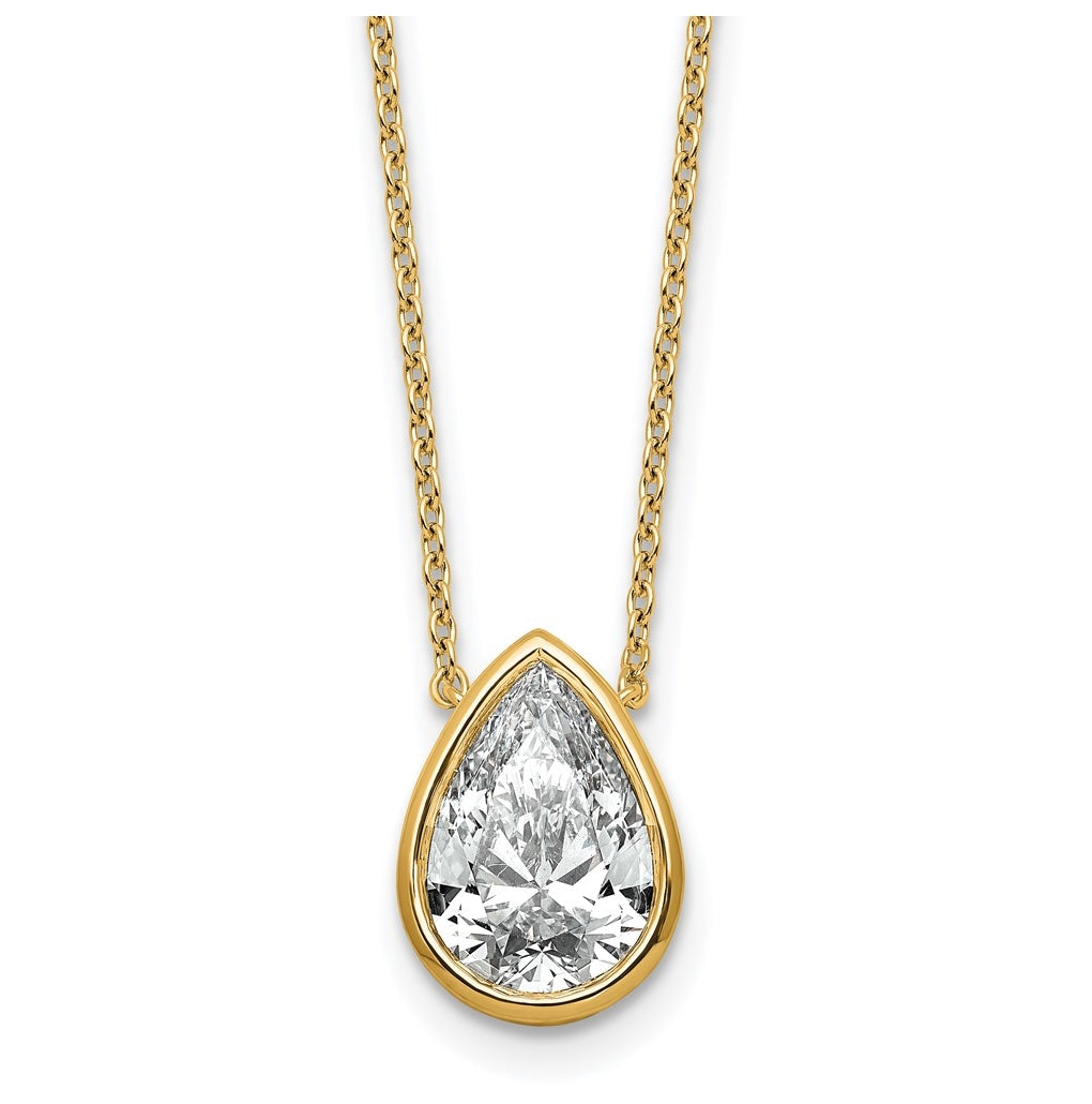 14k Yellow Gold 3 carat Certified Lab Grown Diamond VS+ F+ Pear Complete 18 inch Bezel Set Solitaire Necklace
