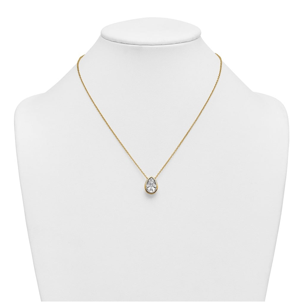 14k Yellow Gold 4 carat Certified Lab Grown Diamond VS+ F+ Pear Complete 18 inch Bezel Set Solitaire Necklace