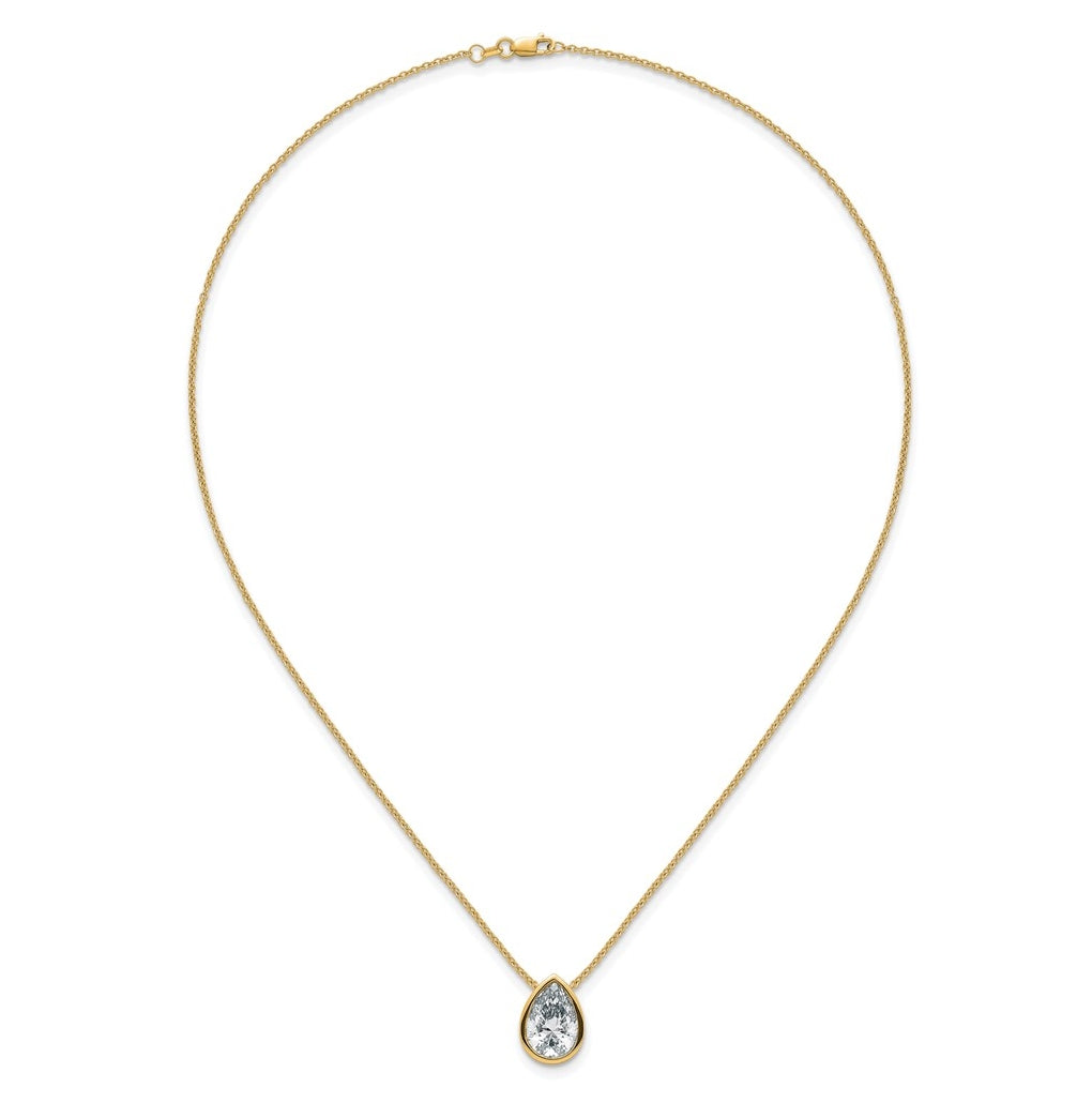 14k Yellow Gold 4 carat Certified Lab Grown Diamond VS+ F+ Pear Complete 18 inch Bezel Set Solitaire Necklace