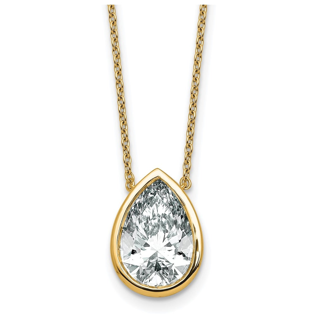 14k Yellow Gold 4 carat Certified Lab Grown Diamond VS+ F+ Pear Complete 18 inch Bezel Set Solitaire Necklace
