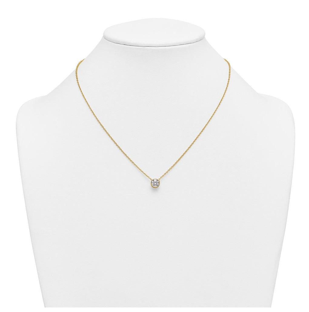 14k Yellow Gold 1 carat Certified Lab Grown Diamond VS+ F+ Round Complete Bezel Set 18 inch Necklace