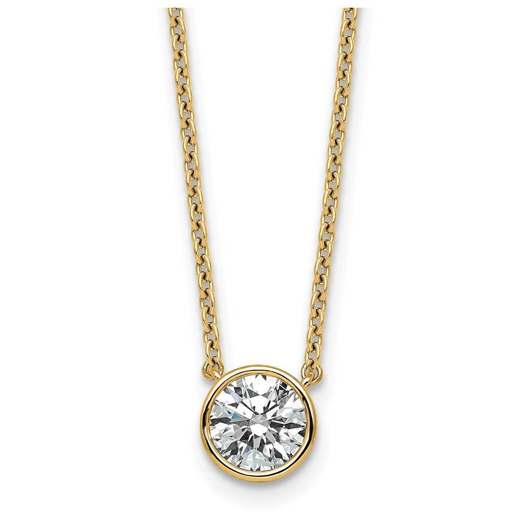 14k Yellow Gold 1 carat Certified Lab Grown Diamond VS+ F+ Round Complete Bezel Set 18 inch Necklace
