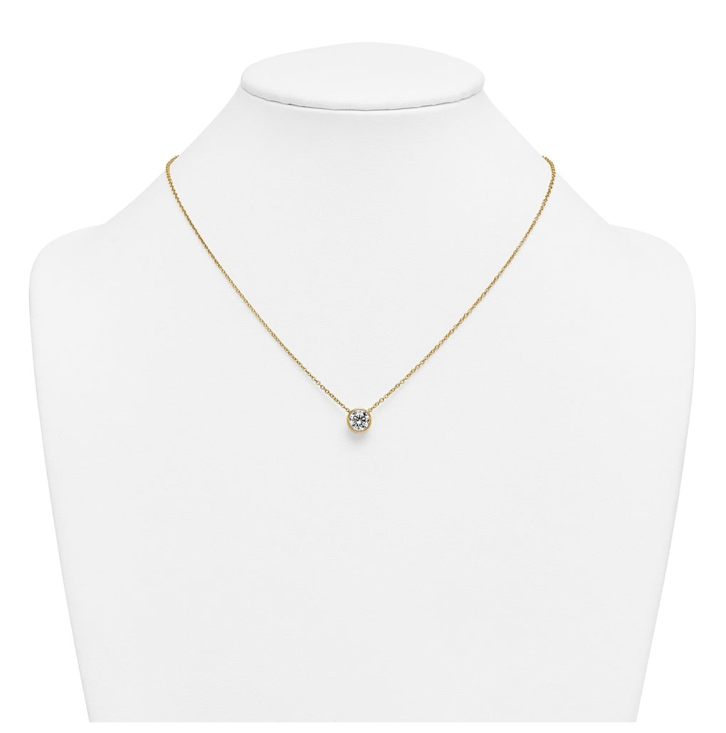 14k Yellow Gold 1 1/2 carat Certified Lab Grown Diamond VS+ F+ Round Complete Bezel Set 18 inch Necklace