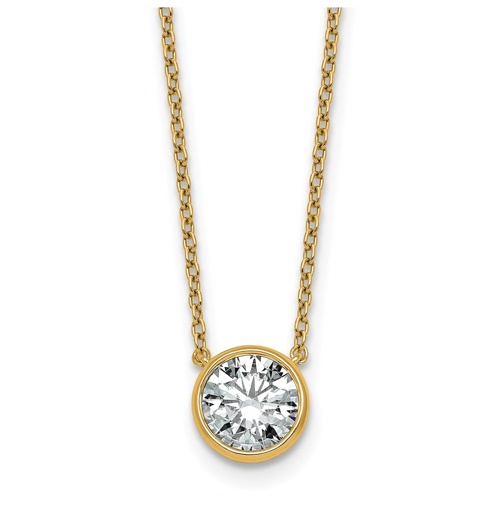 14k Yellow Gold 1 1/2 carat Certified Lab Grown Diamond VS+ F+ Round Complete Bezel Set 18 inch Necklace