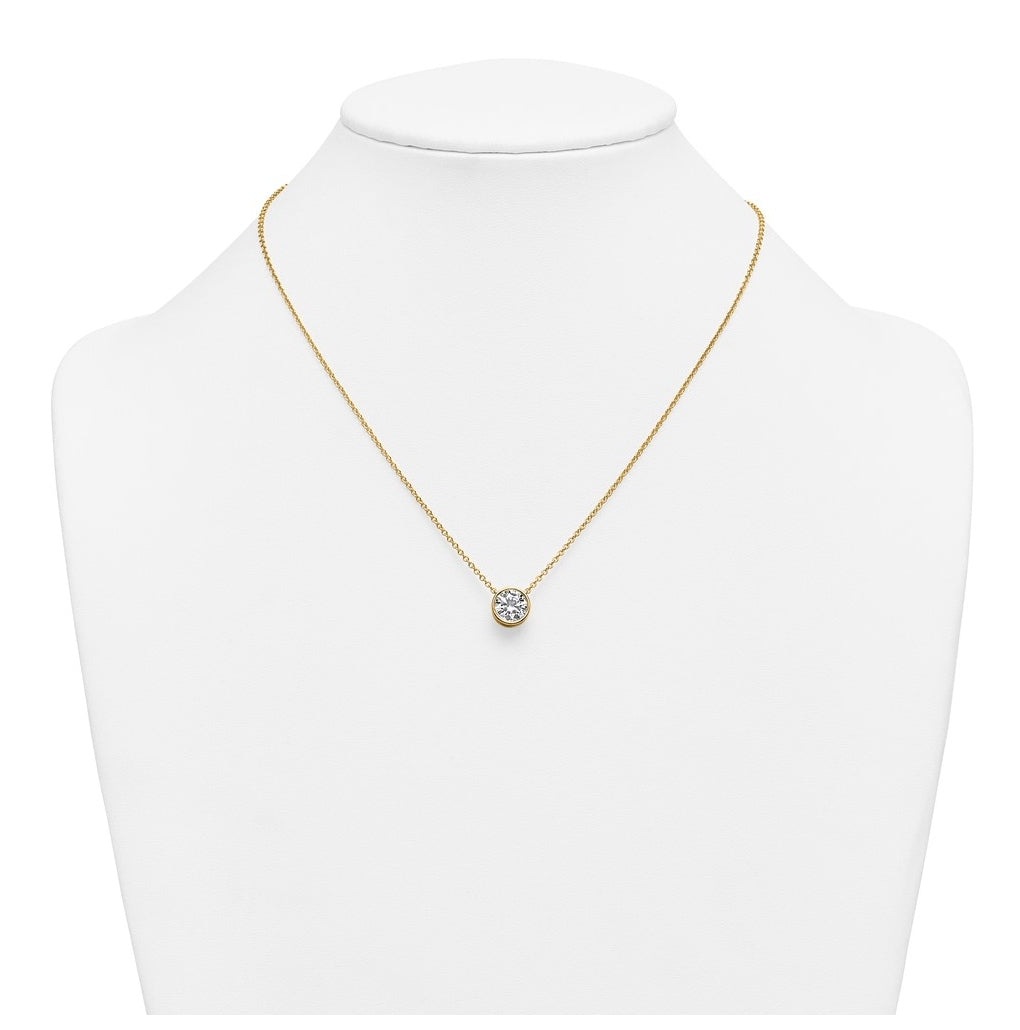 14k Yellow Gold 2 carat Certified Lab Grown Diamond VS+ F+ Round Complete Bezel Set 18 inch Necklace