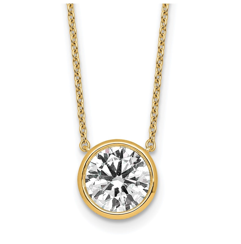 14k Yellow Gold 2 1/2 carat Certified Lab Grown Diamond VS+ F+ Round Complete Bezel Set 18 inch Necklace