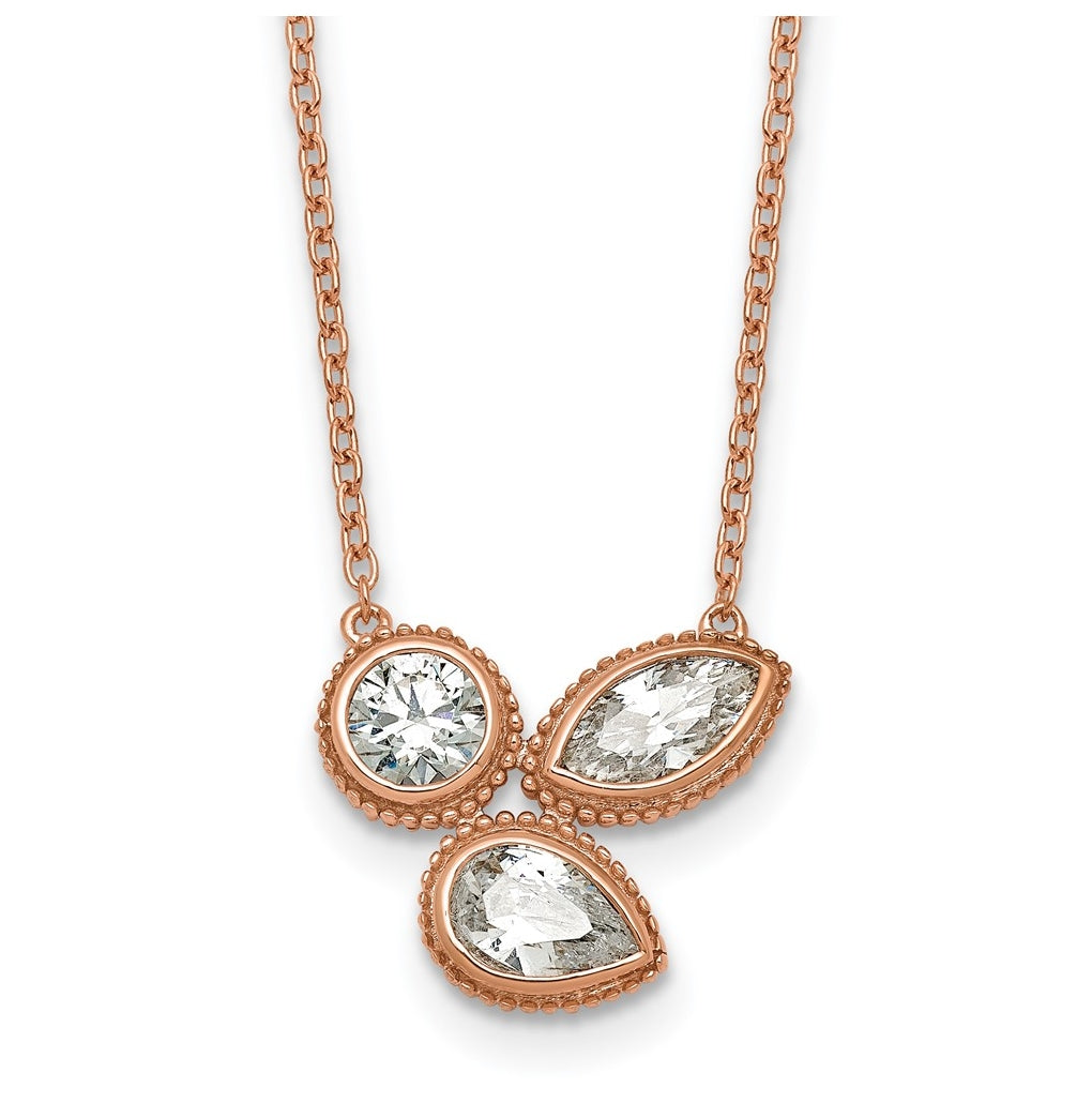 14k Rose Gold 1 carat Lab Grown Diamond VS+ F+ Complete 18 inch Three Stone Fashion Necklace