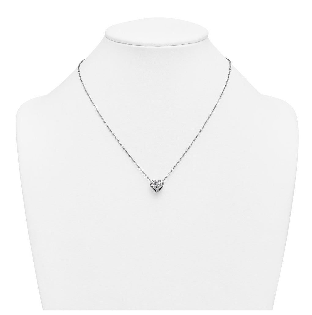 14k White Gold 2 1/2 carat Certified Lab Grown Diamond VS+ F+ Heart Complete 18 inch Bezel Set Solitaire Necklace