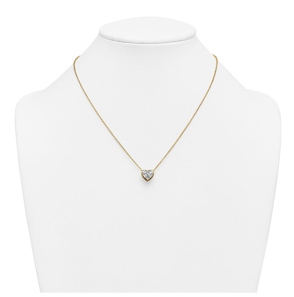 14k Yellow Gold 2 1/2 carat Certified Lab Grown Diamond VS+ F+ Heart Complete 18 inch Bezel Set Solitaire Necklace