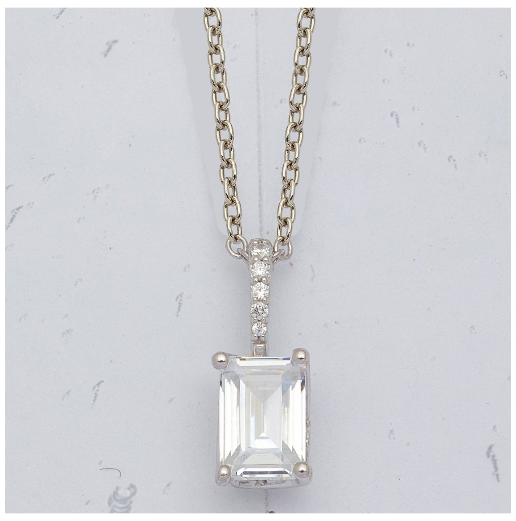 14K White Gold 1ct Lab Grown Dia VS+ F+ Emerald-cut Complete Twist Pendant Necklace