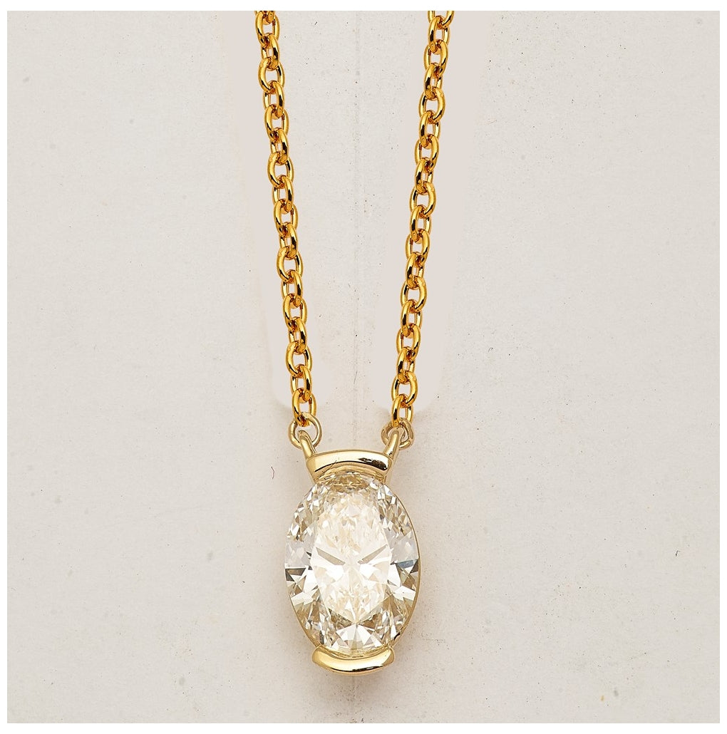 14K Yellow Gold 1ct Cert Oval Lab Grown Dia VS+ F+ Half Bezel Pendant Necklace