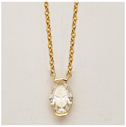 14K Yellow Gold 1ct Cert Oval Lab Grown Dia VS+ F+ Half Bezel Pendant Necklace