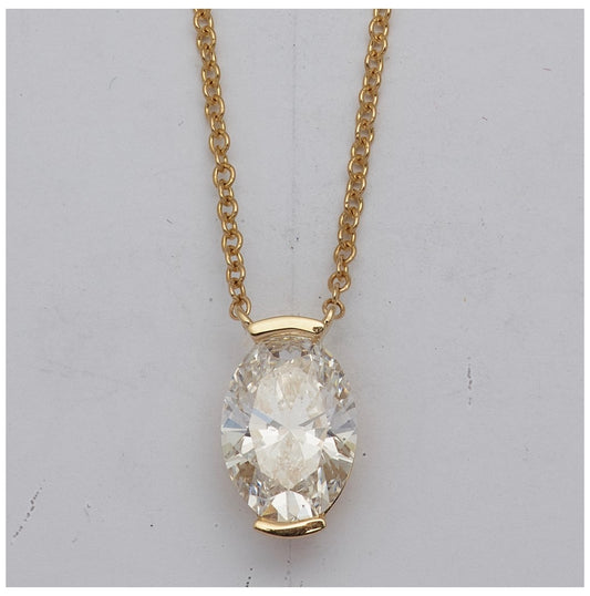 14K Yellow Gold 3ct Cert Oval Lab Grown Dia VS+ F+ Half Bezel Pendant Necklace