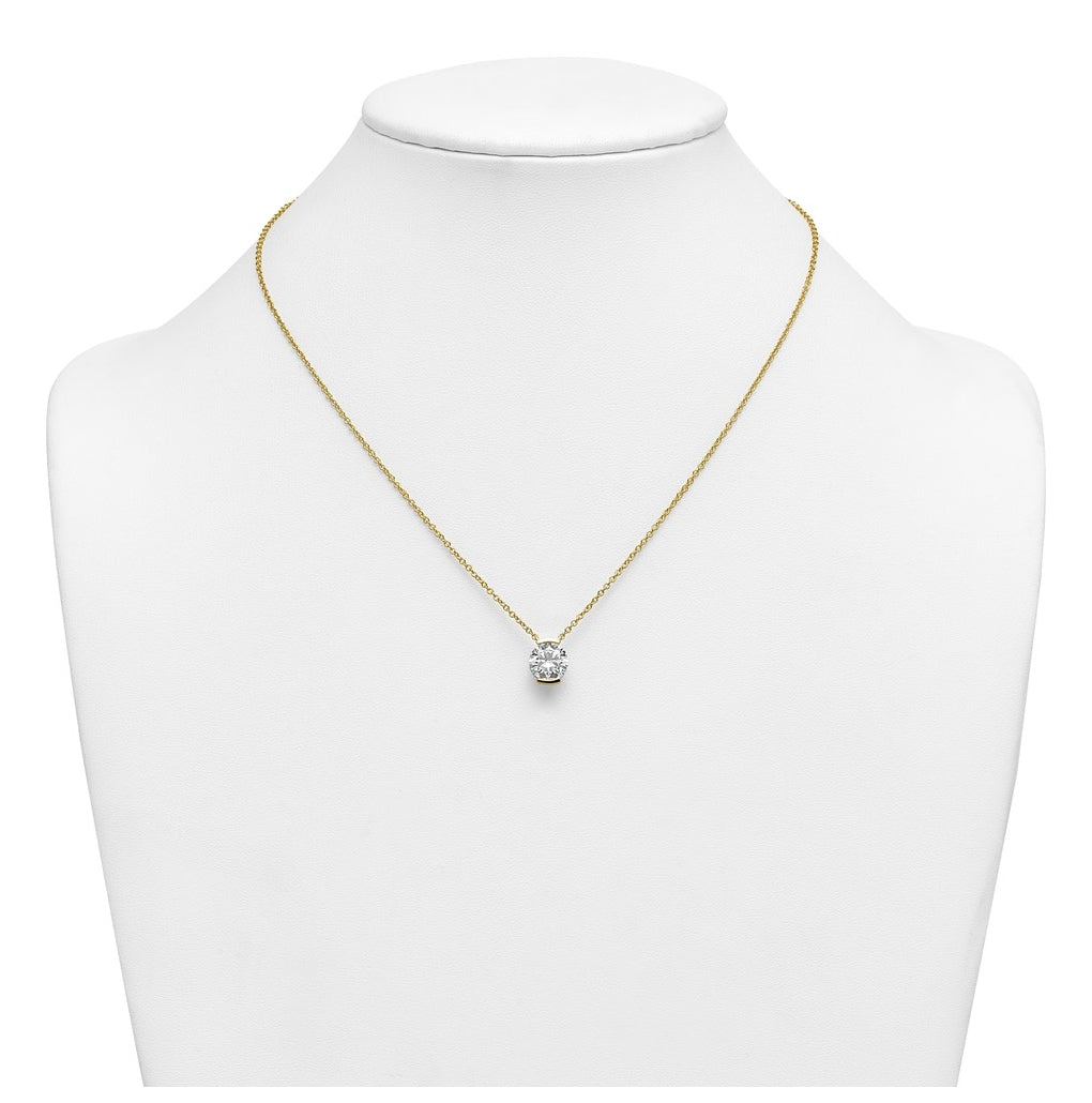 14K Yellow Gold Cert Round LabGrown Dia VS+ F+ Half Bezel Comp Pendant Necklace – Elegant Jewelry Gift for Birthday, Anniversary, Engagement, Wedding