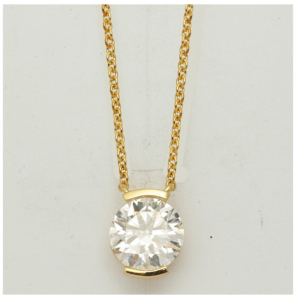 14K Yellow Gold 3ct Cert Round Lab Grown Dia VS+ F+ Half Bezel Pendant Necklace