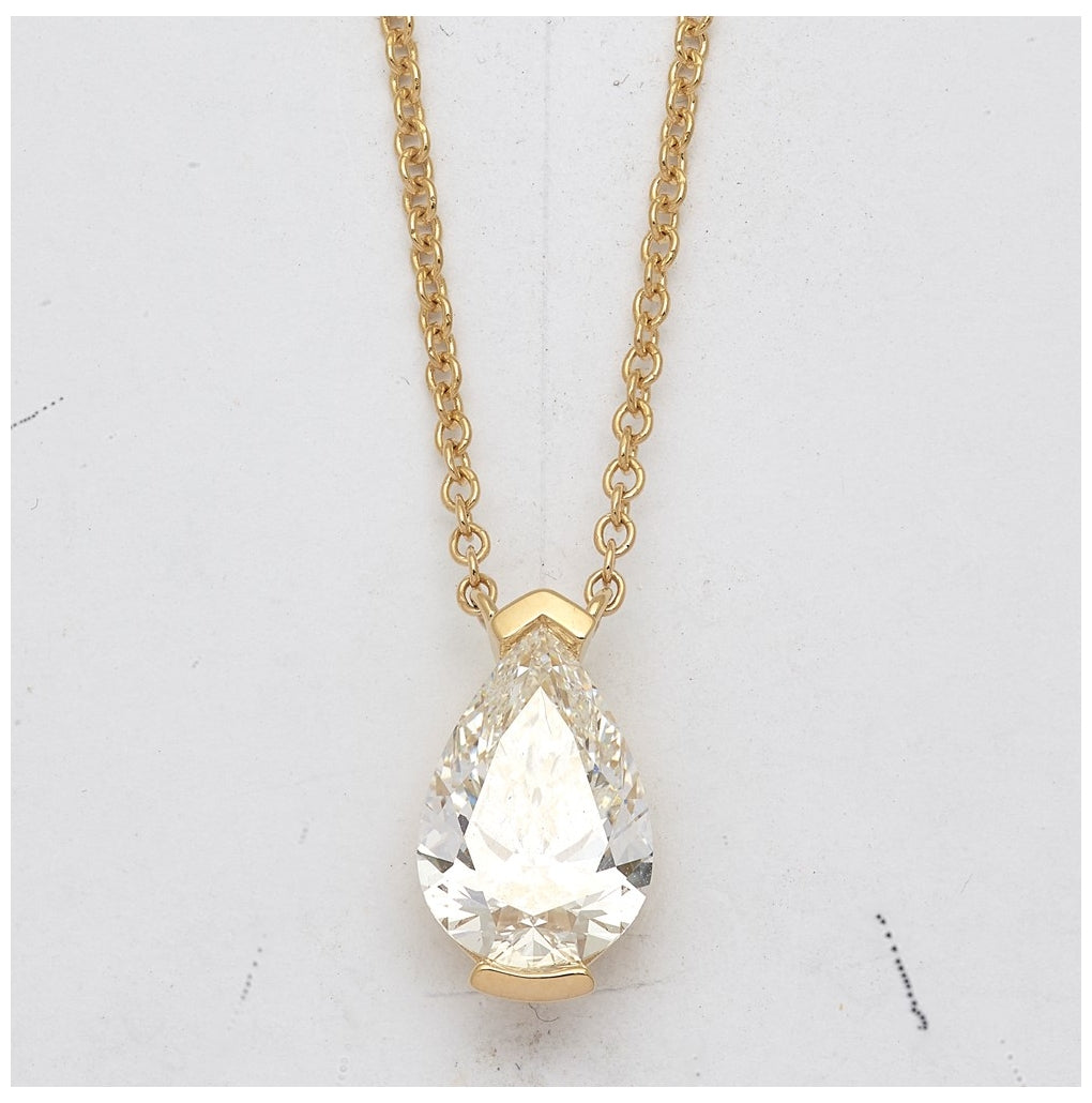14K Yellow Gold 3ct Cert Pear Lab Grown Dia VS+ F+ Half Bezel Pendant Necklace