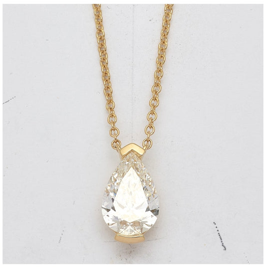 14K Yellow Gold 3ct Cert Pear Lab Grown Dia VS+ F+ Half Bezel Pendant Necklace