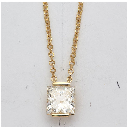 14K Yellow Gold 2ct Cert Princess Lab Grown Dia VS+ F+ Half Bezel Pendant Necklace
