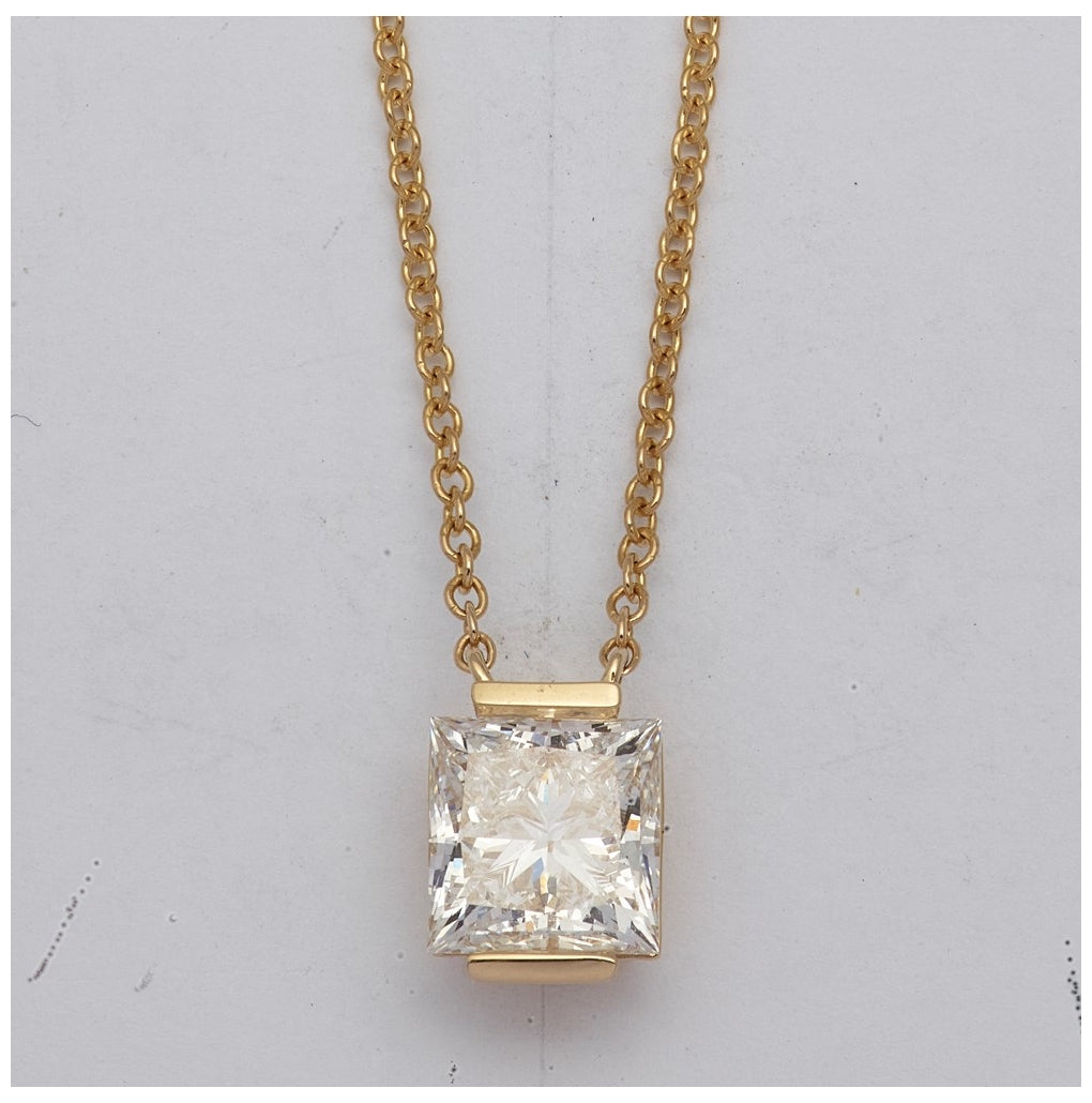14K Yellow Gold 3ct Cert Princess Lab Grown Dia VS+ F+ Half Bezel Pendant Necklace