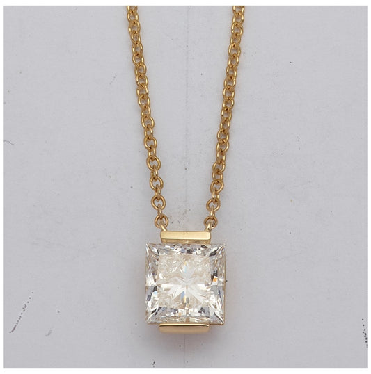 14K Yellow Gold 3ct Cert Princess Lab Grown Dia VS+ F+ Half Bezel Pendant Necklace