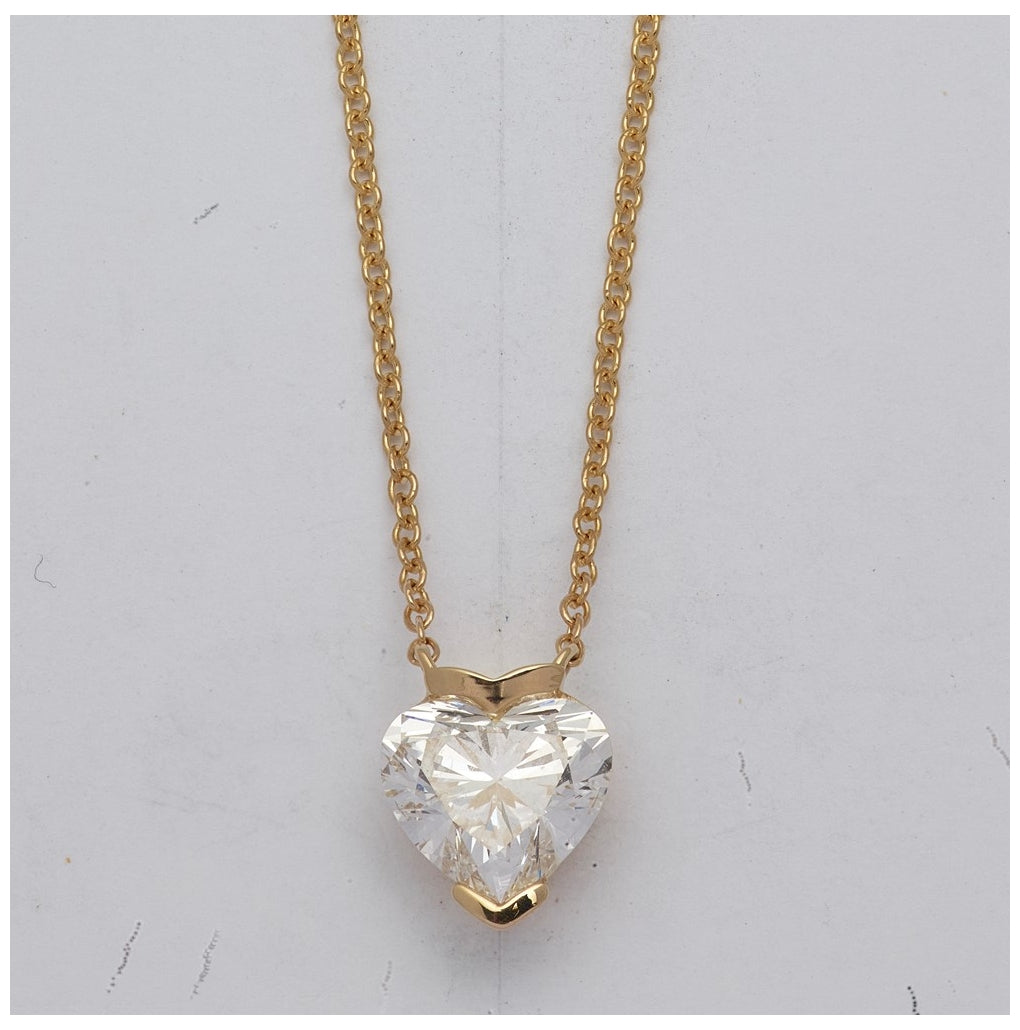 14K Yellow Gold 3ct Cert Heart Lab Grown Dia VS+ F+ Half Bezel Pendant Necklace