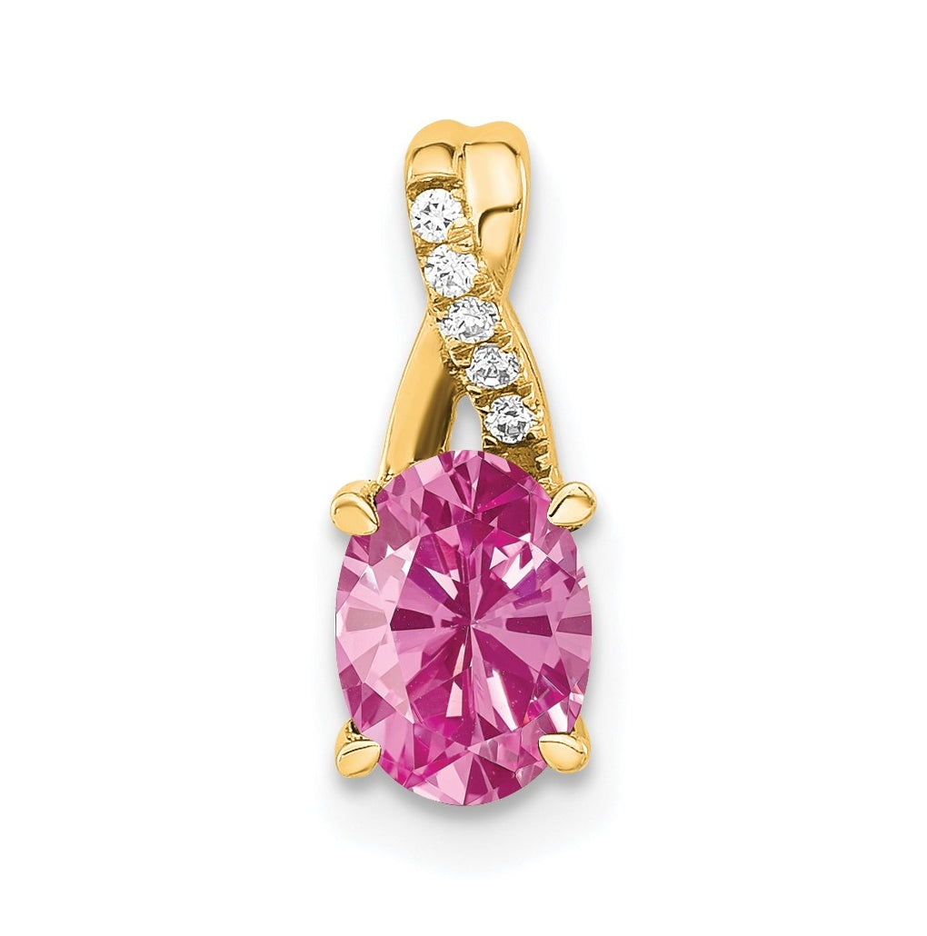 14K Yellow Gold Oval Created Pink Sapphire & Diamond Pendant