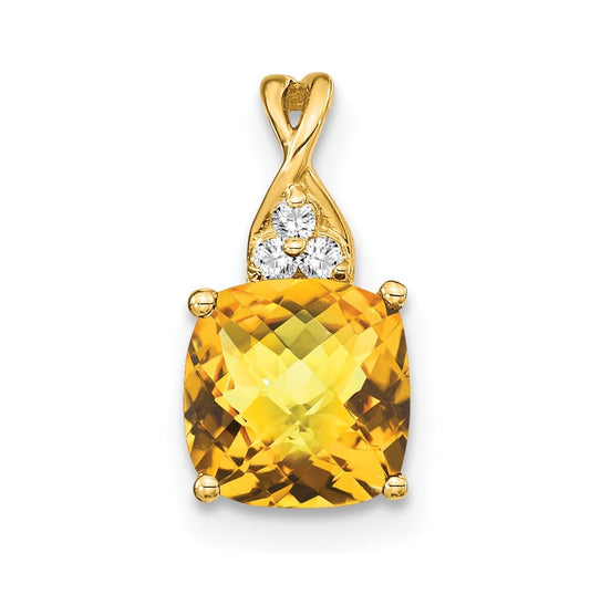 14K Yellow Gold Checkerboard Citrine and Diamond Pendant