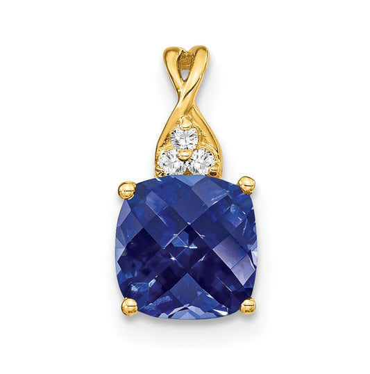 10K Yellow Gold Checkerboard Created Sapphire and Diamond Pendant