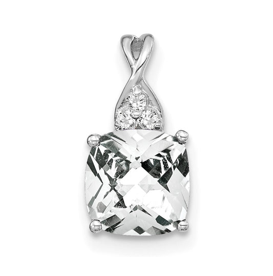 14K White Gold Checkerboard White Topaz and Diamond Pendant