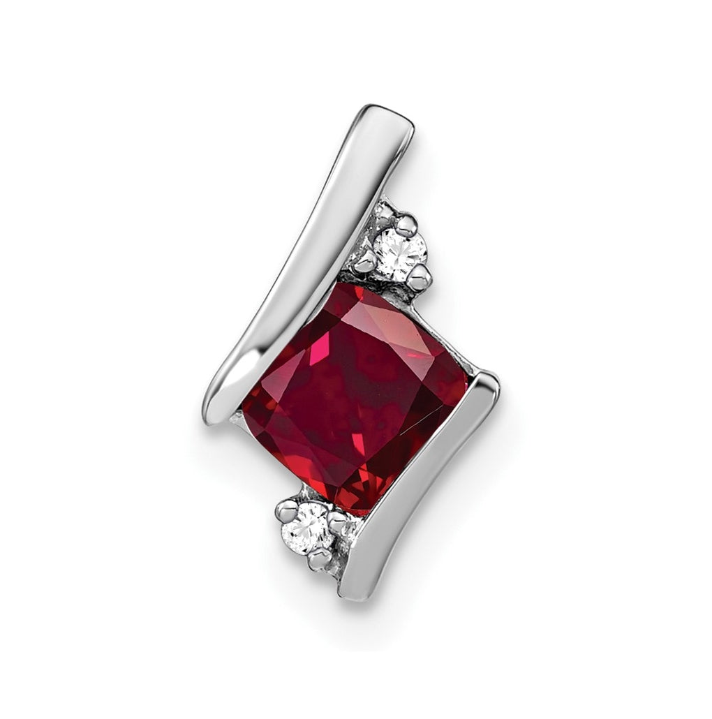 14K White Gold  Cushion Cr. Ruby and Diamond Chain Slide