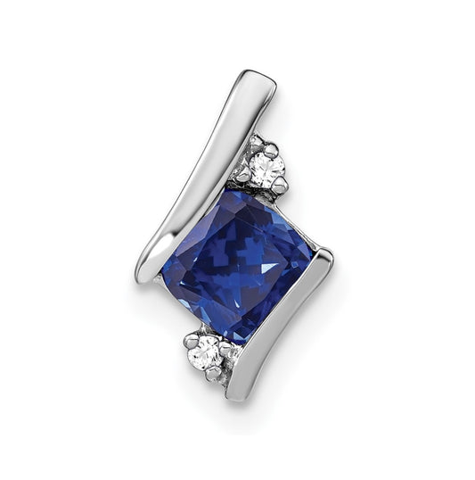 Sterling Silver Antique Cushion Created Sapphire and Diamond Pendant
