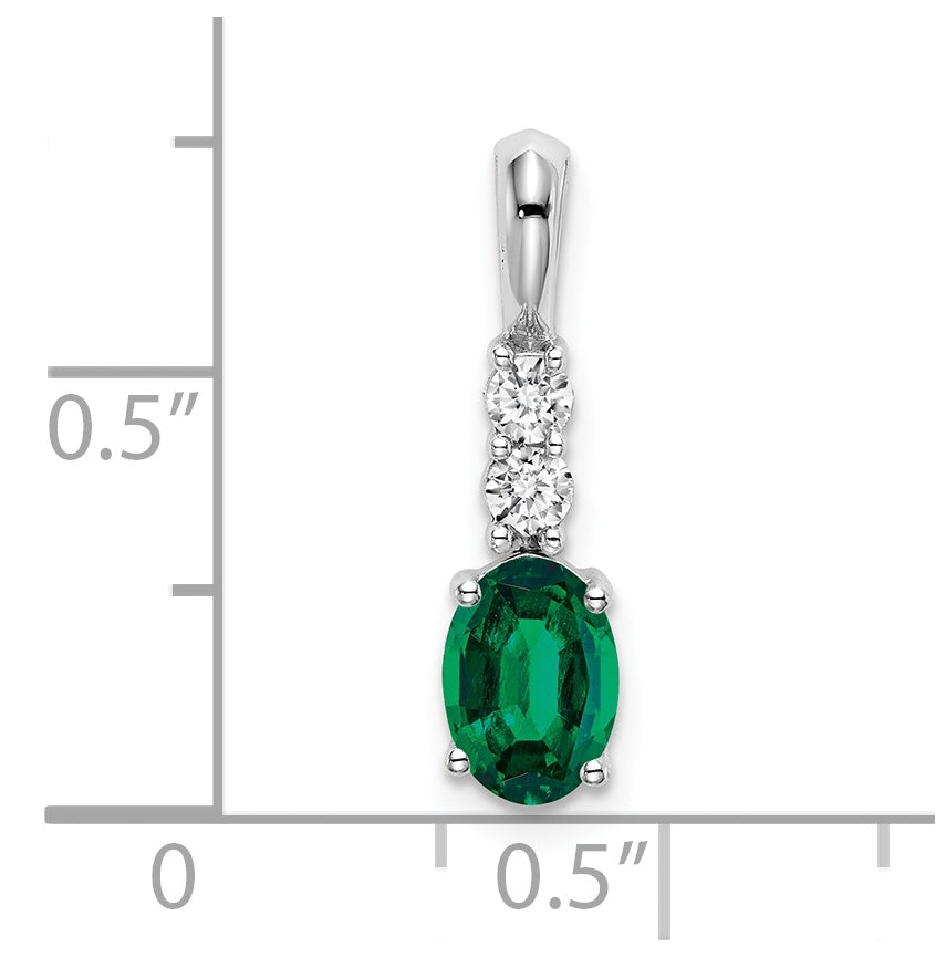 14k White Gold Oval Created Emerald/Diamond Pendant