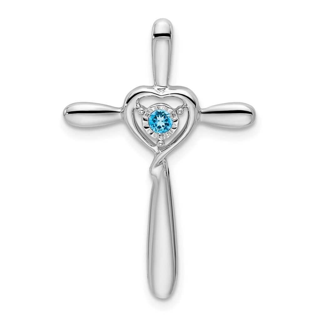 10k White Gold Blue Topaz Cross w/Heart Chain Slide