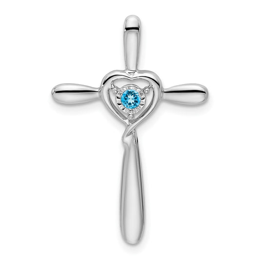 10k White Gold Blue Topaz Cross w/Heart Chain Slide