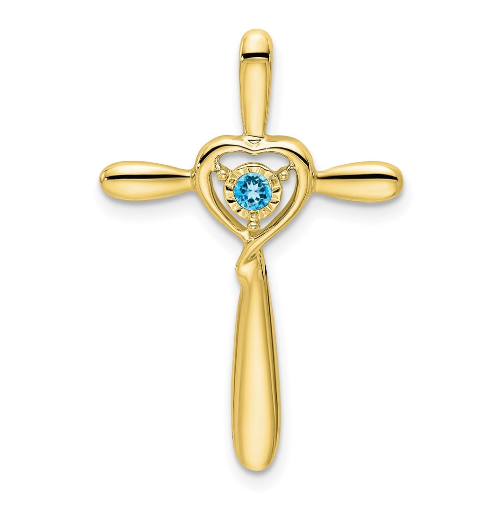 10K Yellow Gold Blue Topaz Cross w/Heart Chain Slide