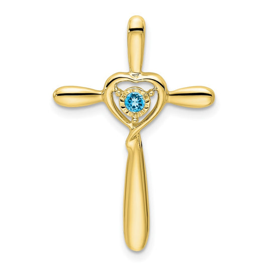 10K Yellow Gold Blue Topaz Cross w/Heart Chain Slide
